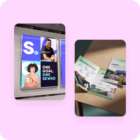 Affiche murale avec le slogan ’One Goal, One Skwad’ et photos de deux personnes, à côté de brochures sur une table dont une intitulée Habit-Avenue.